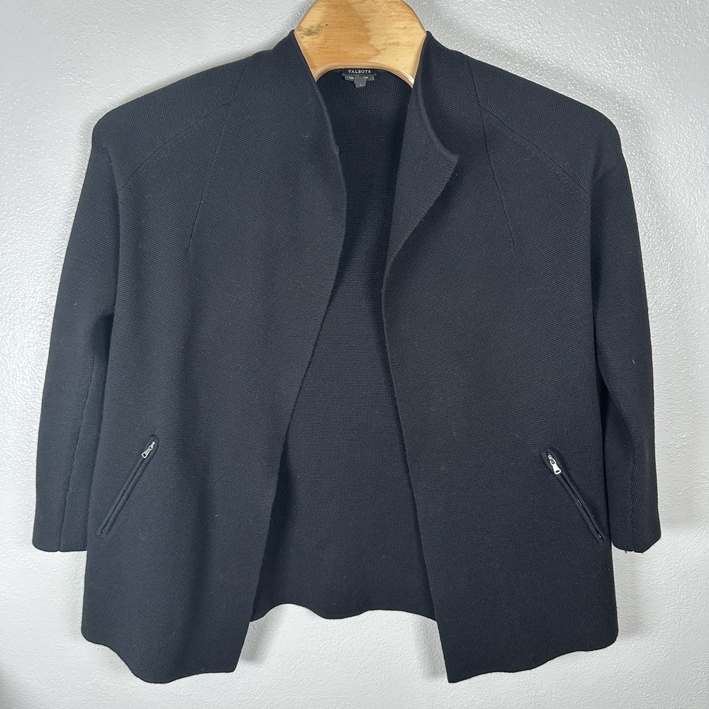Talbots Cardigan Sweater Womens Sz Small Black 100% Merino Wool Open Zip Pockets